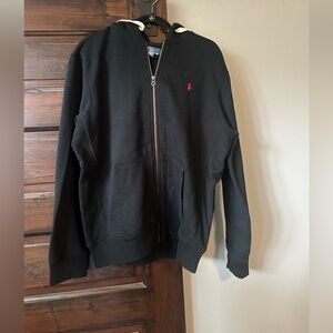 Black Zip-Up Hoodie with Red Logo